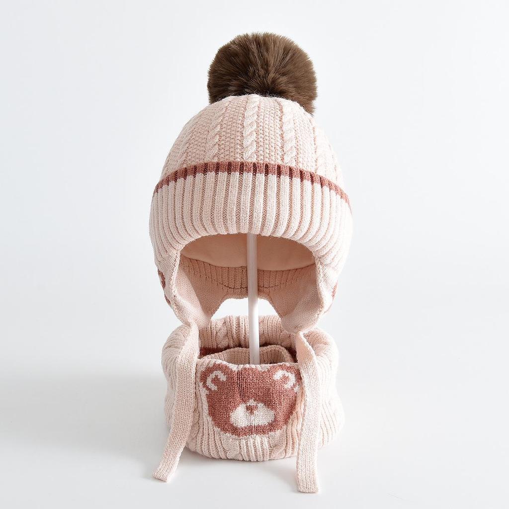 Детский милый зимний набор: шапка с ушками медвежонка и шарф - Теплый, ветрозащитный вязаный комплект для школьников