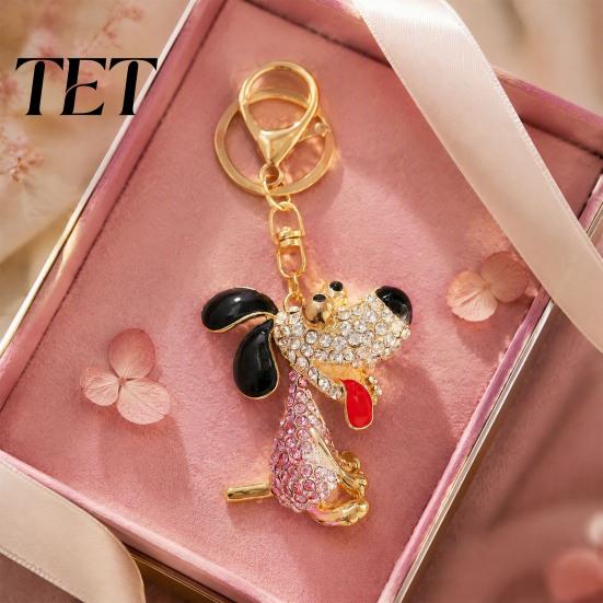 Sparkling Puppy Pendant Rhinestone Dog Keychain, Backpack Purse Bag Charm with Lobster Keychain Clasp, Golden Plated Keyring Decorative Zinc Alloy Key