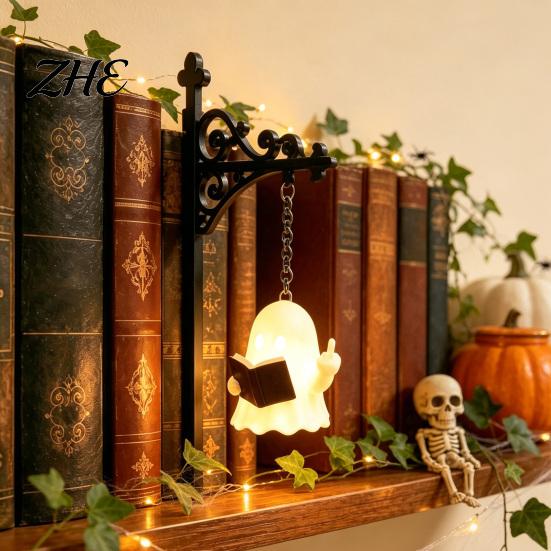Vintage Style Hanging Lantern Library Bookshelf Lamp, Metal LED Nightlight for Book Nook Decor, Gothic Home Decor Ghost Reading Book/Wearing