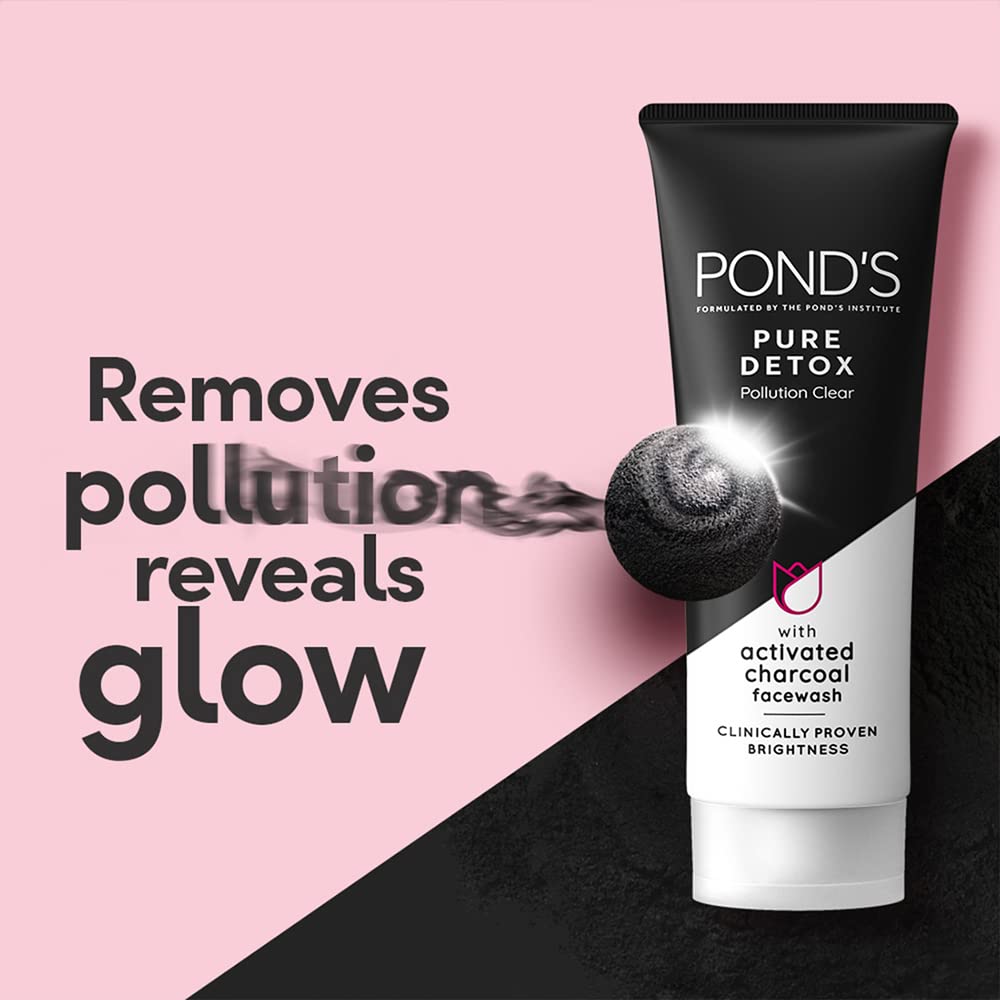 POND'S Умывальник для лица Pure Detox 200 г, ежедневное отшелушивающее и осветляющее очищающее средство, глубоко очищает жирную кожу — с активированным углем для свежей и сияющей кожи