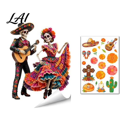 Celebration Accessories Day of The Dead Window Clings Halloween Double-Sided Skull Sticker Decals Colorful Flower Skeleton Static for Mexican House