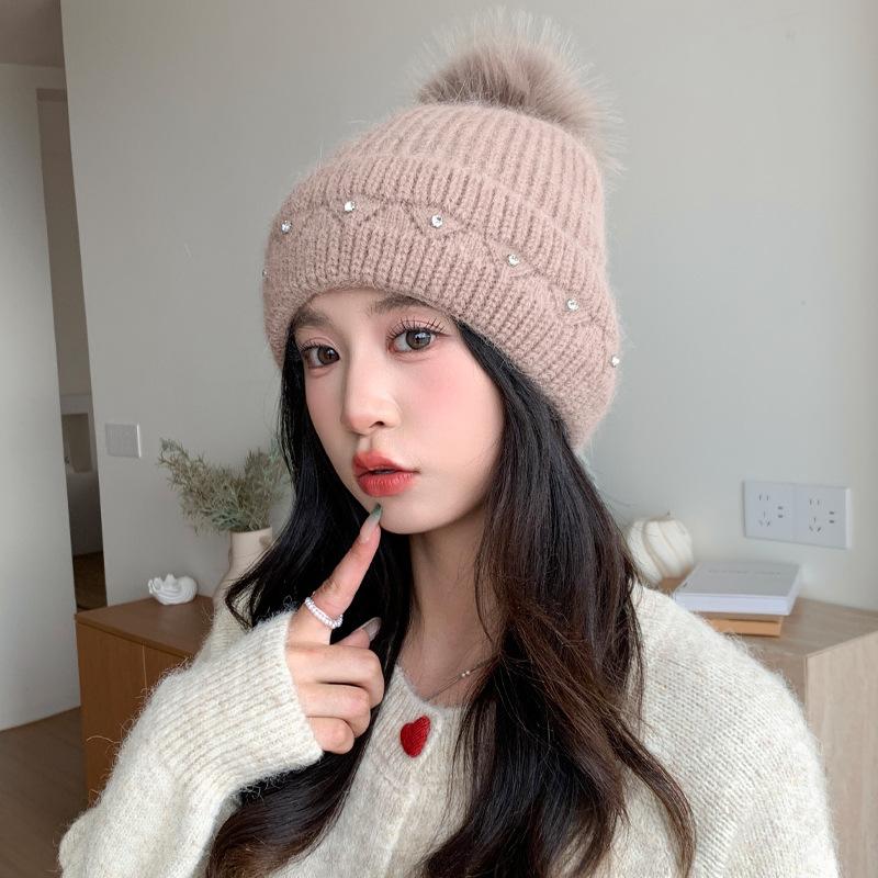 Korean versatile rabbit hair bright diamond knitted wool hat autumn and winter windproof ear protection hat casual big head circumference bag head hat