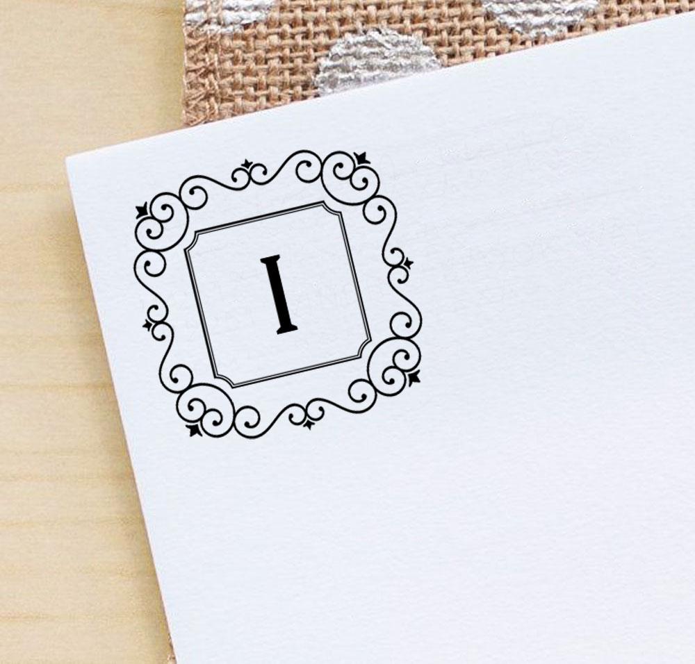 Printtoo Alphabet I Monogram Initial Square Swirl Border Self Inking Rubber Stamp Office