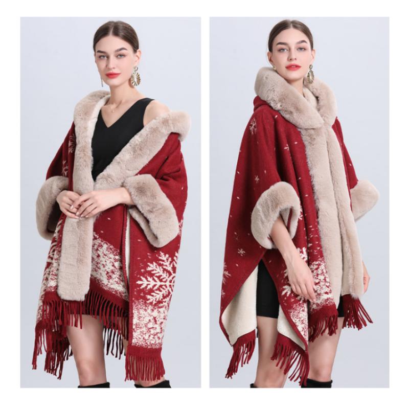Зимняя женская куртка-накидка с шалью, свободная клетчатая подкладка с утолщенным меховым воротником, вязаная твидовая куртка-шаль с семиточечным рукавом и шляпой
