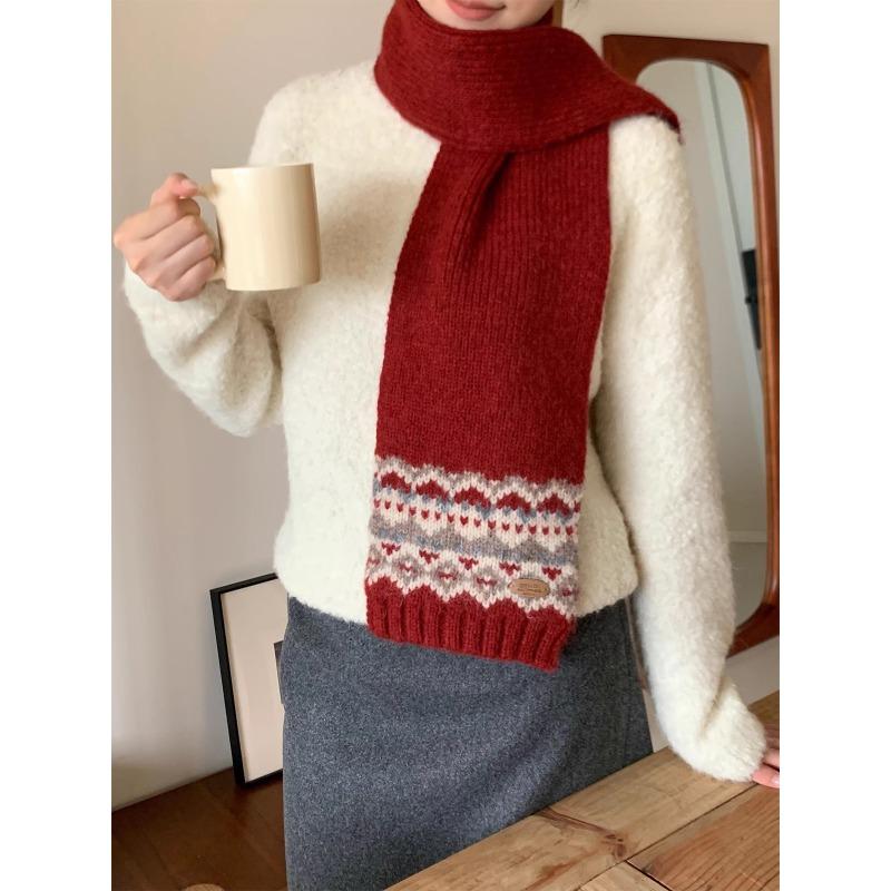 Зеленое Рождество~ Ретро жаккардовый шарф Fair Isle Женский Зимний Новый Теплый Утолщенный Вязаный Шарф