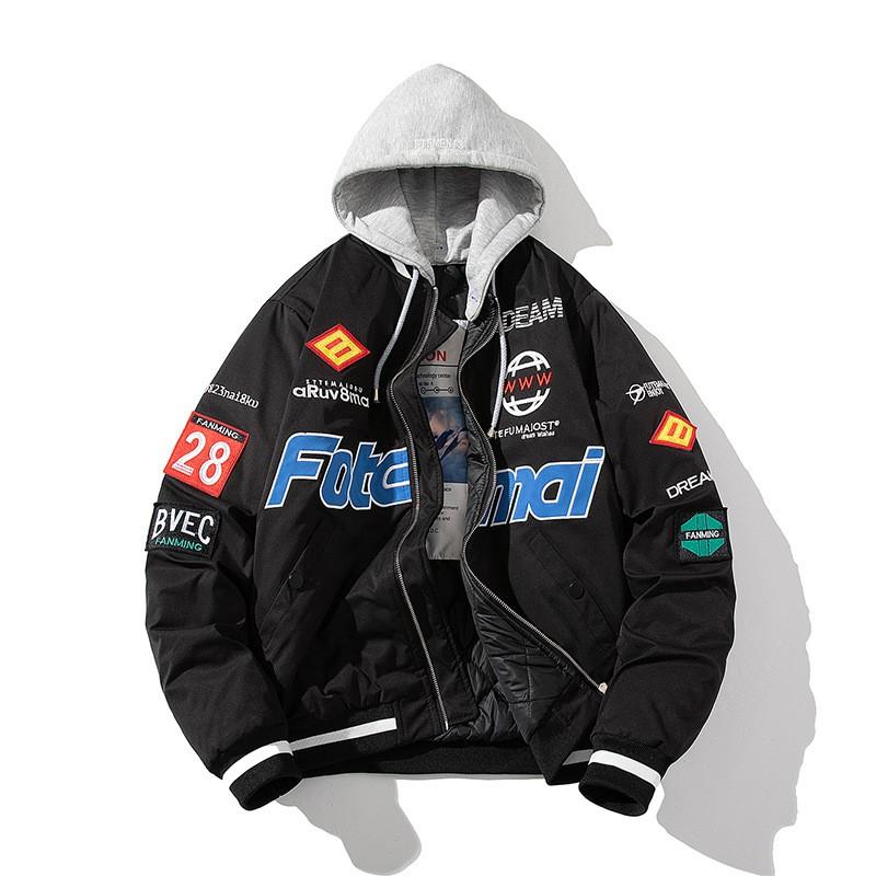 Mens Thickened Hooded Streetwear Bomber Jacket Teens Winter Casual Wear