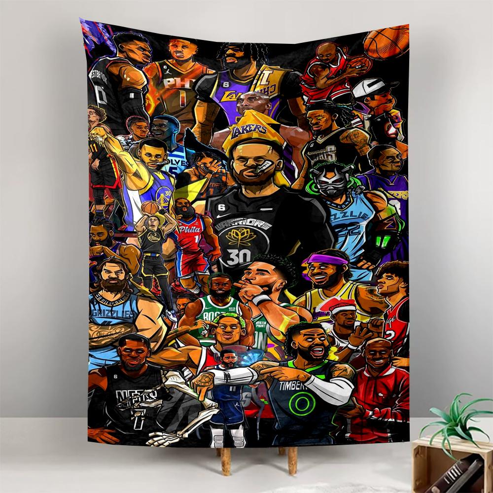 Tapestry NBA Superstars Cartoon Collage Curry Lakers Black Jersey Graffiti Wall Art for Bedroom