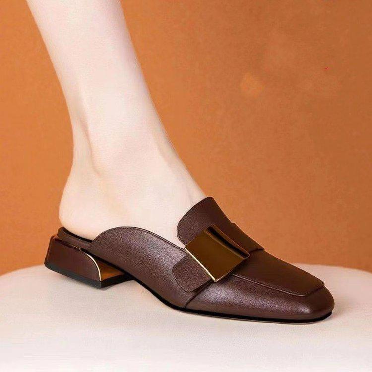 Женские французские ретро мюли с квадратным носком и средним каблуком - Летние лоферы в британском стиле с закрытым носком