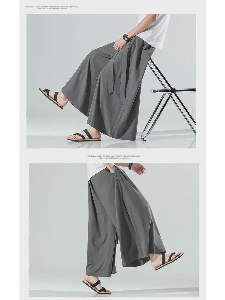 Мужские летние брюки-ханьфу из ледяного шелка с широкими штанинами в стиле ретро: Свободный, прямой, большой размер