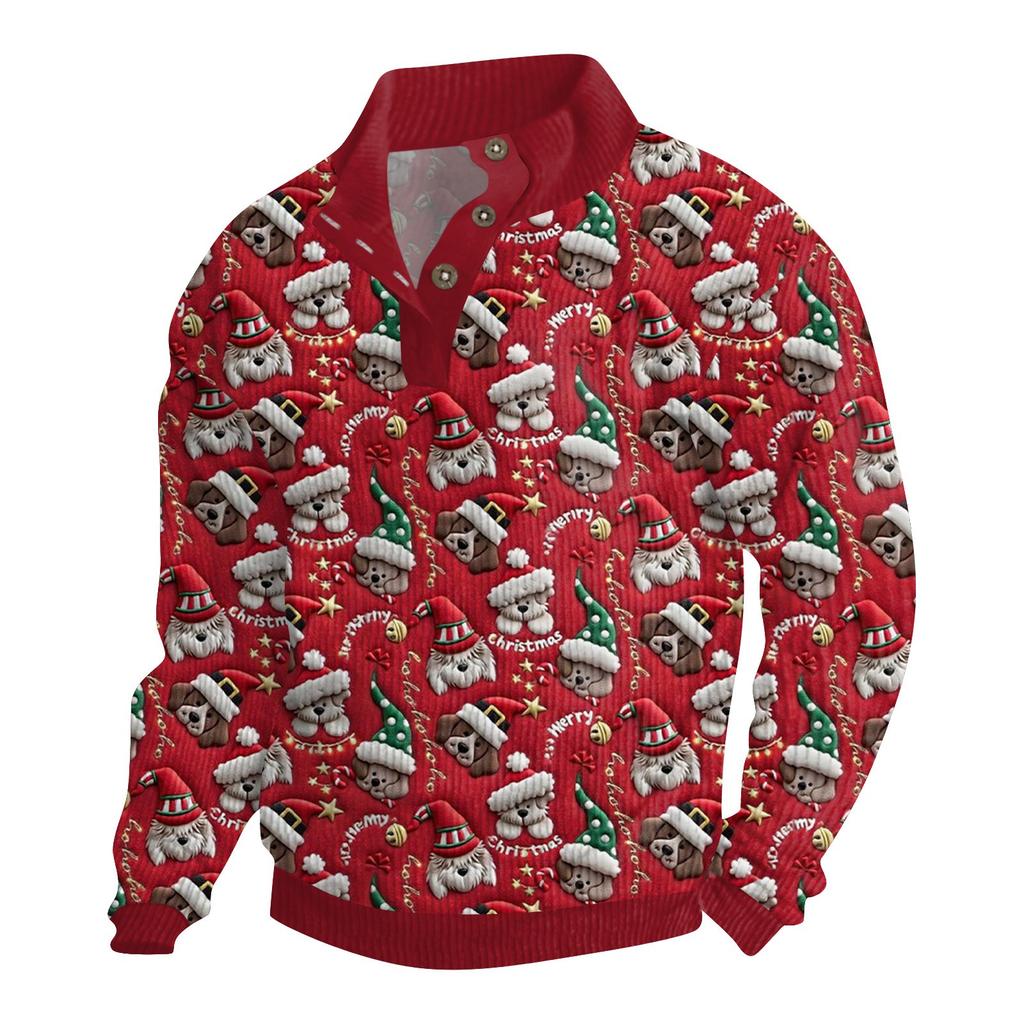 Men's Christmas Cotton Pullover Long Sleeve Outdoor Shirt Vintage Corduroy Button Stand Collar Shirt Casual Sweatshirt Christmas Print Top