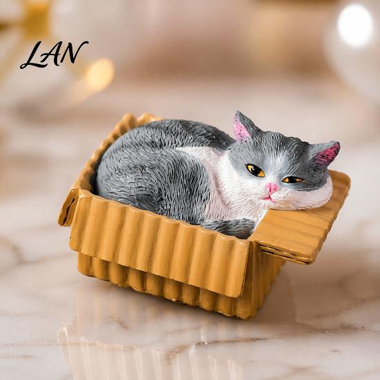 Waterproof Cat Statue Mini Ornaments, Simulation Express Carton with Resin Kitten Figurines, Cute Healing Desk Accessory Desktop Car Dashboard Decor,