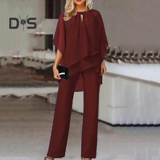 Комплект из 2 шт./компл., женский топ и брюки, комплект с открытыми рукавами и круглым вырезом, нерегулярный многослойный топ с широкими штанинами, однотонные брюки OL, повседневная одежда для поездок на работу