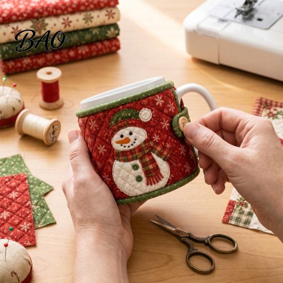 Christmas Sewing Projects Quilted Mug Cozy Kit, DIY Holiday Fabric Craft Kit with Festive Gift for Crafters Patterns, Sleeve Making Beginners,