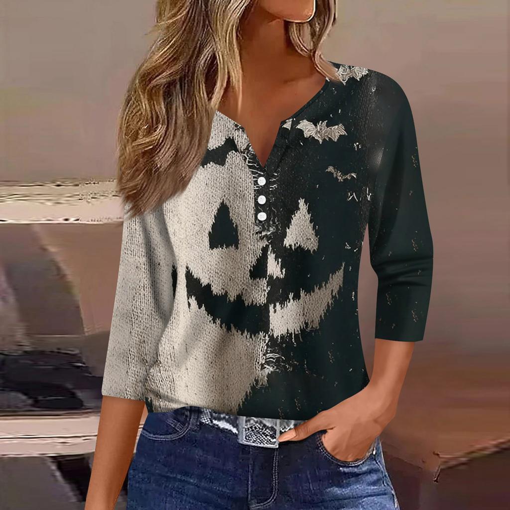Women's Fashion Button-Up V-Neck Three-Quarter Sleeve Halloween Print Top