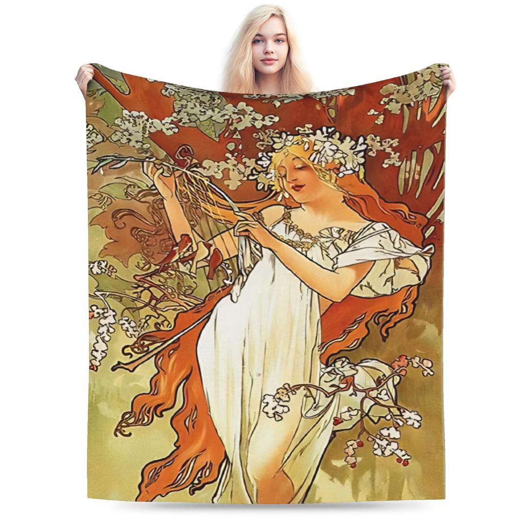 Language of Flowers Alphonse Mucha Plush Blanket Students Flannel Throw Blanket For Outdoor Soft Custom DIY Quality Bedspread