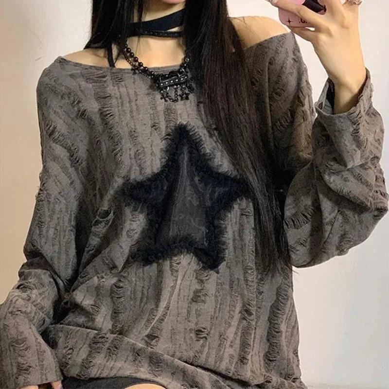Футболка Y2K Hole Star Print, женская модная уличная одежда, топы с открытыми плечами, летние свободные футболки Kpop с длинным рукавом, женские, новые