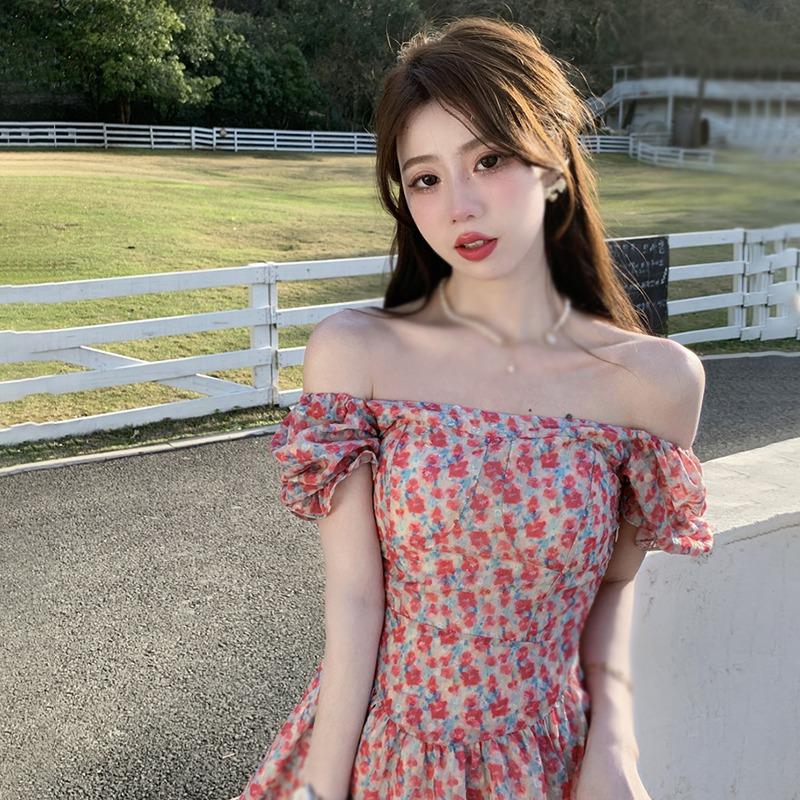 Летнее женское платье с цветочным принтом, шифоновые платья с пышными рукавами и квадратным воротником, с высокой талией