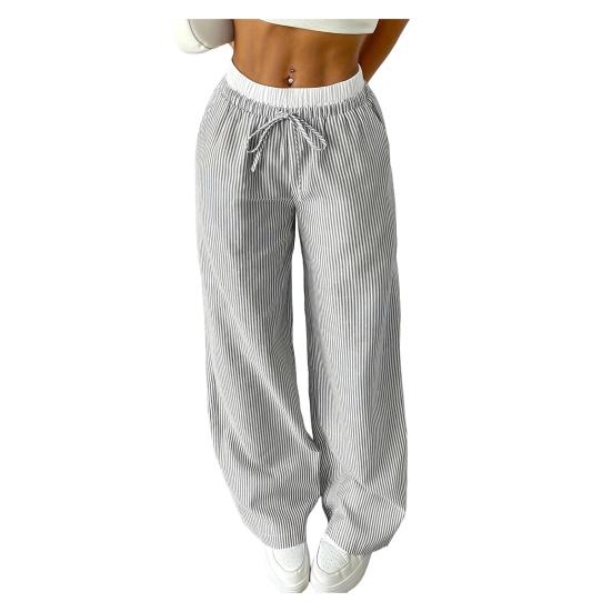 Женские брюки, повседневные брюки с широкими штанинами, эластичный пояс, регулируемый шнурок, полосатый дизайн