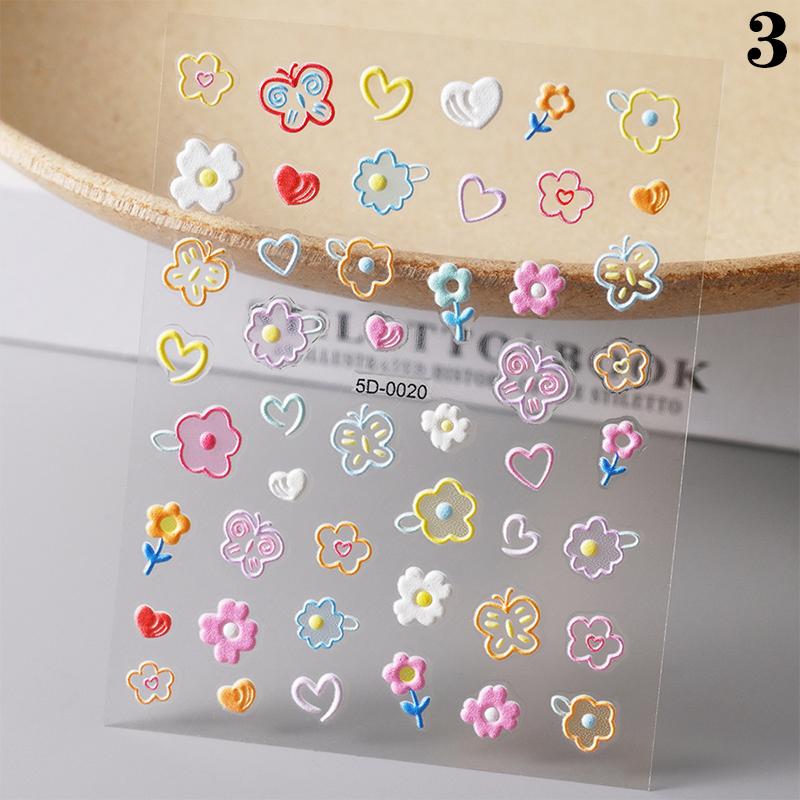 Dopamine Colored Relief Nail Stickers Cartoon Line Flower Pink Sweet Style Cute Nail Sticker Nail Art Diy Decoration