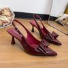 Бордовые туфли на высоком каблуке, женские босоножки с заостренным носком и тонким каблуком, 2025, новые летние туфли большого размера с бантом