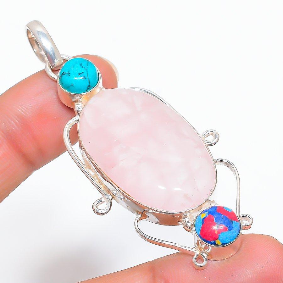 Розовый Кварц Ручной Работы Серебро 925 пробы Подарок Ювелирное Изделие Подвеска 2.56" N4p41