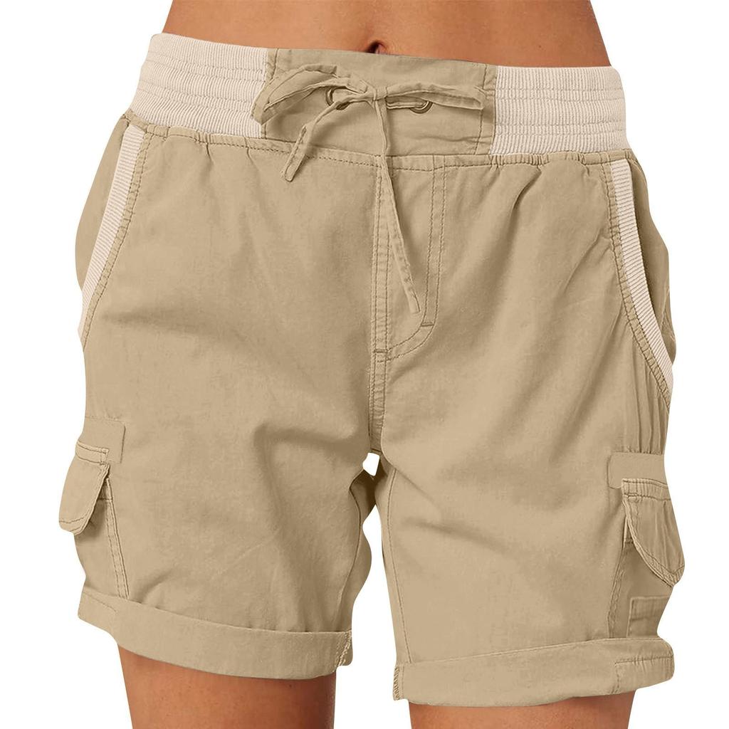 Women's Solid Color Fashionable Pocket Drawstring Casual Workwear Pants Loose Elastic Waist Shorts