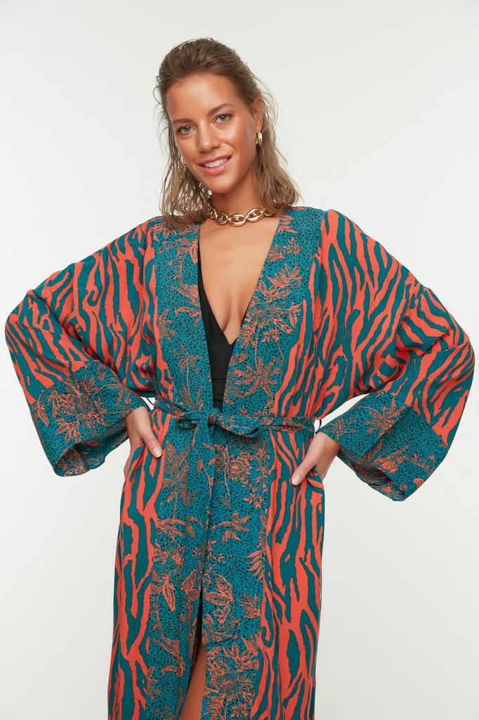 Women's Fashion New Kimono&Kaftan Ethnic Patterned Belted Maxi Woven KimonoKaftan