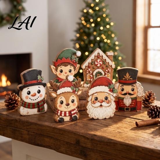 Christmas Party Tabletop Accents 6Pcs Wooden Ornaments Retro Desktop Figurines Vintage Cartoon Indoor Supplies Decorations for Tiered Tray
