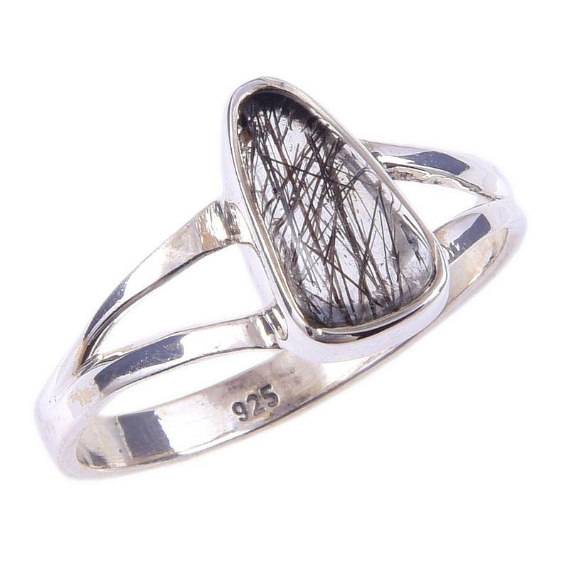 Natural Black Rutile Gemstone Handmade 925 Solid Sterling Silver Ring S.9.5 L8y00