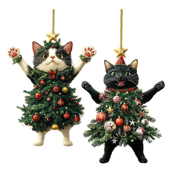 Christmas Cat In Christmas Tree Acrylic Hanging Ornament 2D Flat Car Rearview Mirror Charm Holiday Gifts for Cat Lovers