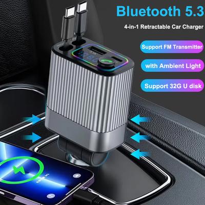 Автомобильное зарядное устройство 4 в 1 Bluetooth FM-передатчик с выдвижным кабелем USB Type C Адаптер быстрой зарядки для мобильного телефона iPhone