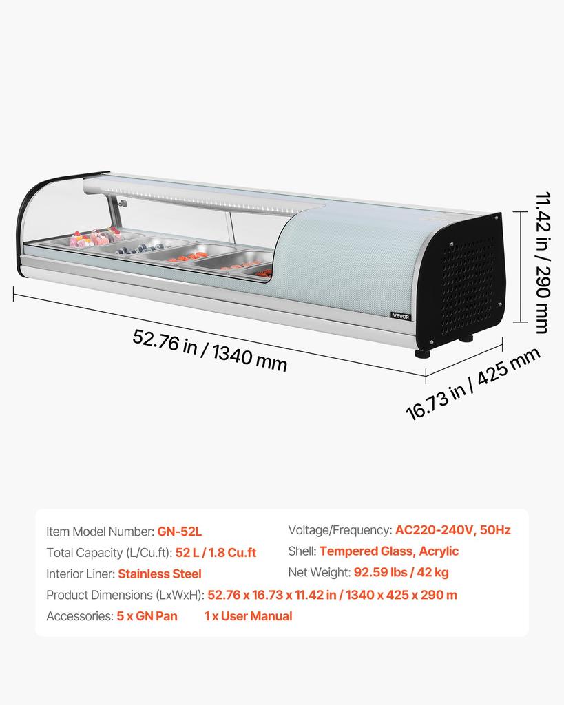 VEVOR Sushi Display Case Refrigerator, 52L Commercial Sushi Case, 5-Pan Countertop Showcase with Curved Glass, LED Lighting