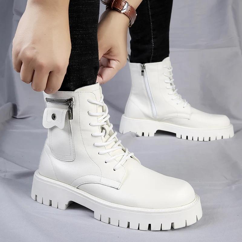 Spring Men's Thick Soled White Denim Boots Brand Lace Up Side Zipper Motorcycle Boots Men Round Toe Boots Leather High Top Shoes