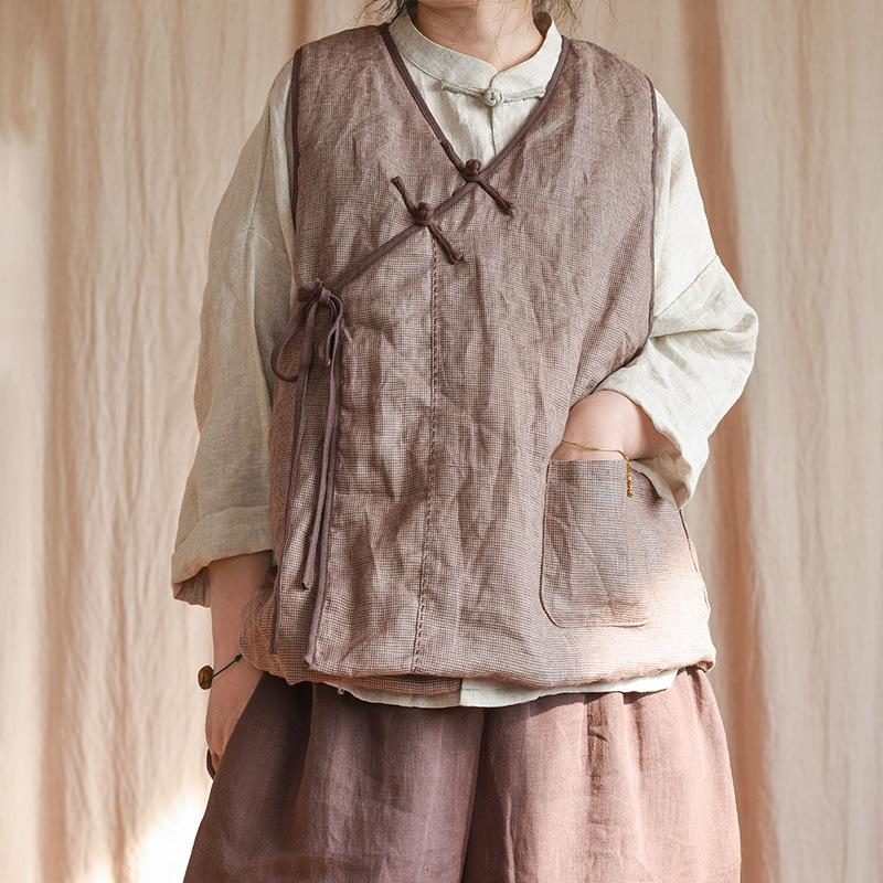 Johnature Женские льняные жилеты в китайском стиле, пальто с v-образным вырезом без рукавов, лоскутные карманы, однотонные осенние женские винтажные жилеты