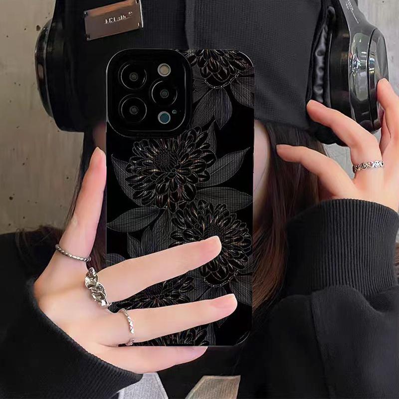 Роскошный силиконовый кожаный чехол с темными цветами для iPhone 13 14 Plus 12 11 16 15 Pro Max Mini X XS XR 7 8 SE, противоударный, с полным покрытием