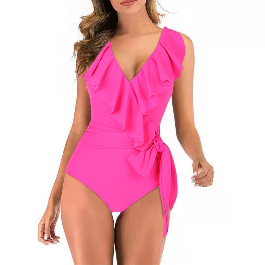 Women Ruffle V Neck  Swimsuits Tummy Tie Side Wrap Slimming Bathing Swimwear