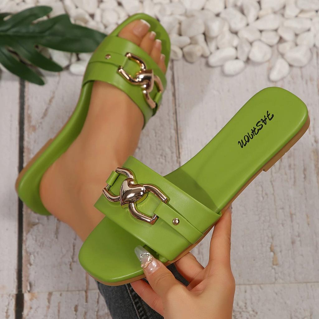 Women's New Fashion Slippers Solid Color Metal Decoration Square Flat Sandals