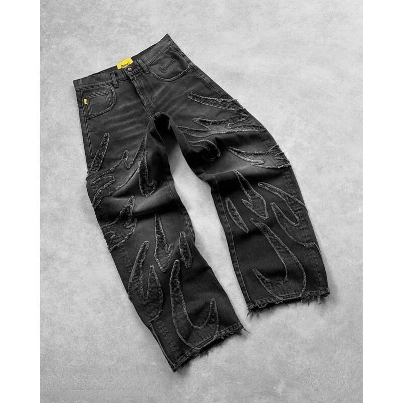 Mens Y2K Vintage Harajuku Bat Embroidery Loose Fit Straight Cut Denim Jeans Casual Streetwear