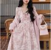 Розовое винтажное платье Kawaii France, женское элегантное вечернее платье миди с цветочным принтом, кружевное милое платье с рукавами-пузырьками в стиле ретро 2023
