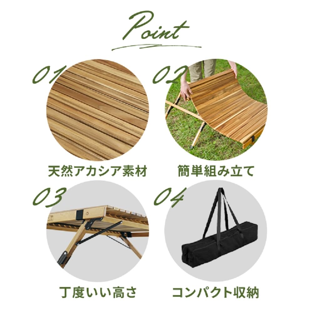 IRIS OHYAMA Wood Roll Table 90cm Wide x 60cm Deep x 44cm High Made of Acacia Wood with Storage Easy Ideal for Outdoor Camping (WRT-90) - Approx. -