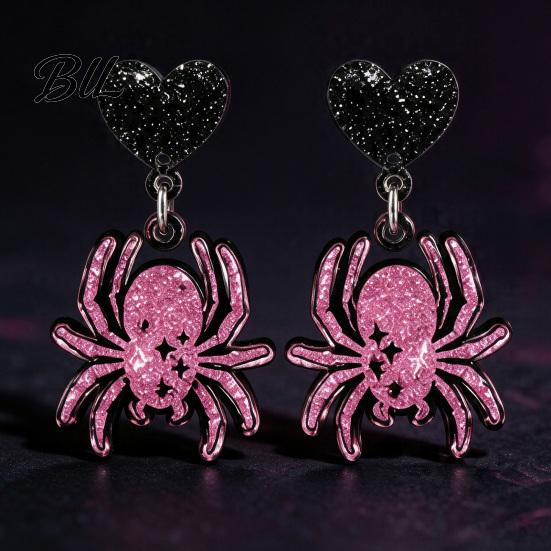 Niche Dark Style Earrings 1 Pair Halloween Theme Acrylic for Women, Gothic Pink Spider Cool Girl Fashion Jewelry Dangle Drop Earrings, Spooky Holiday
