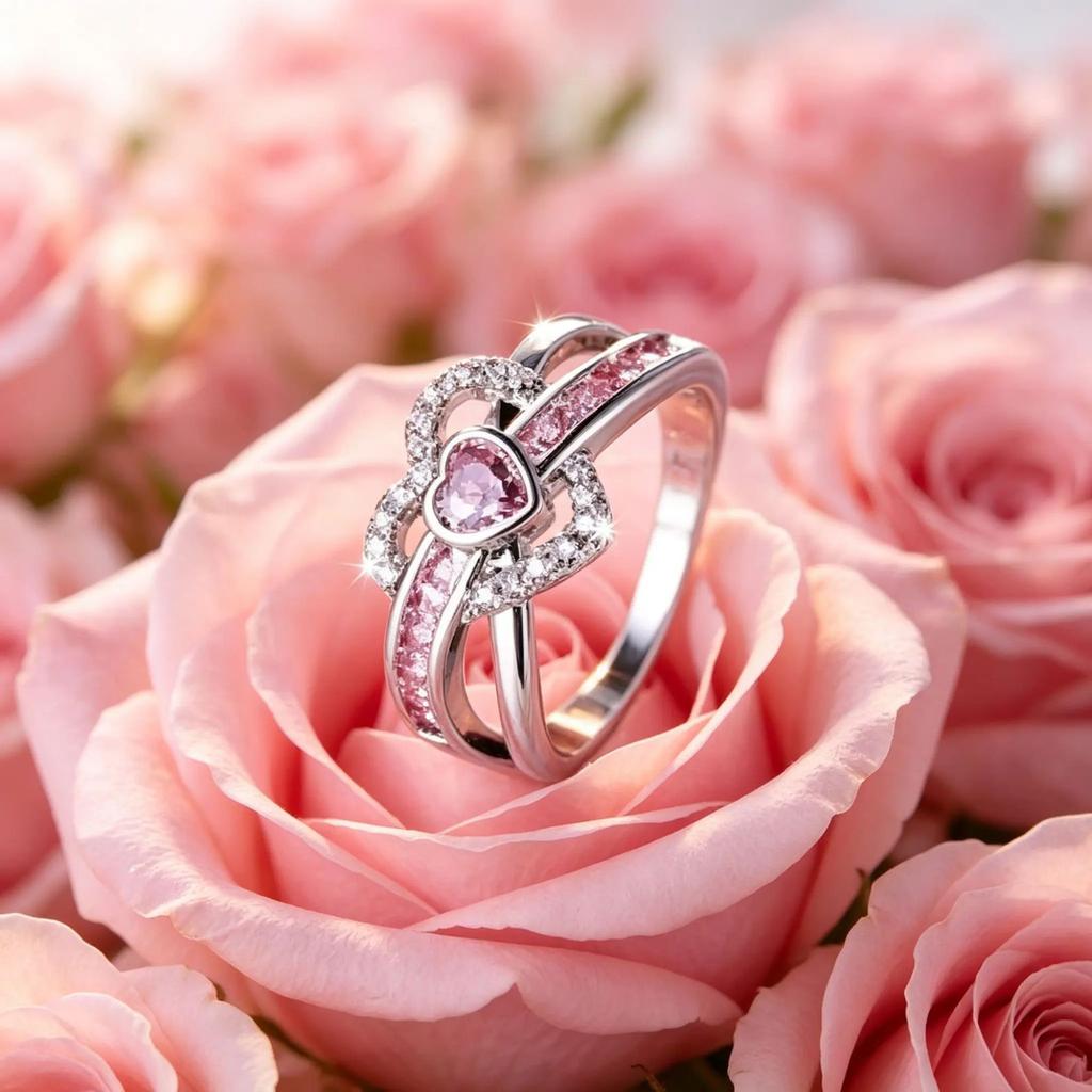 New double-twisted wire heart-shaped design micro-inlaid zircon hollow ring High-end, light-luxury pure copper women's ring