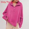 Streetwear Women Loose Fit Lantern Sleeve Hoodie With Button Details For Fall 2024