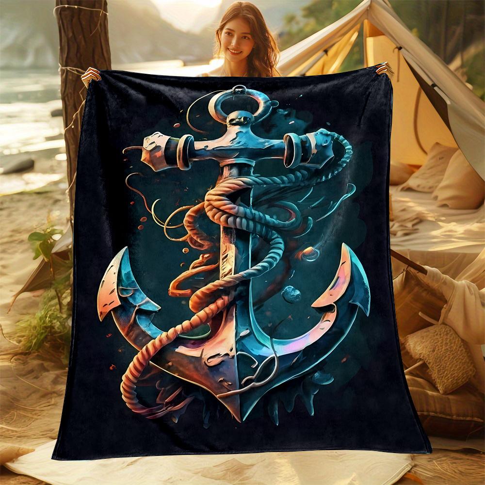 Cozy Nautical Anchor Throw Blanket - Soft Flannel, Reversible Design for All Seasons - Perfect for Bed, Sofa, Camping & Travel