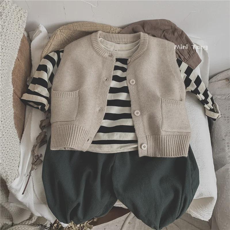 Forest Style Kids' Knitted Vest: Solid Color Versatile Sweater Cardigan for Boys & Girls - Perfect for Spring & Autumn Trends