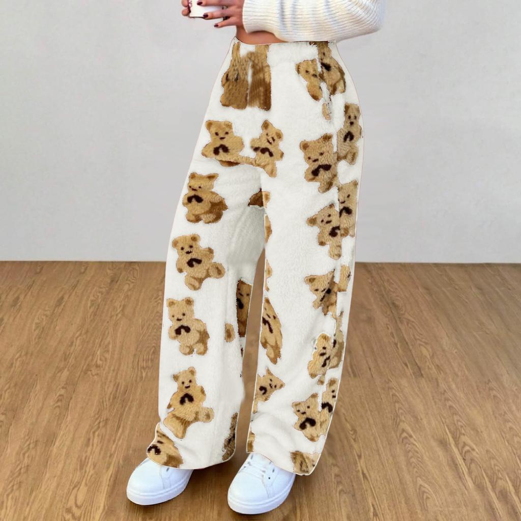 Женские милые плюшевые пижамные брюки с принтом медведя с карманом, широкие плюшевые повседневные брюки
