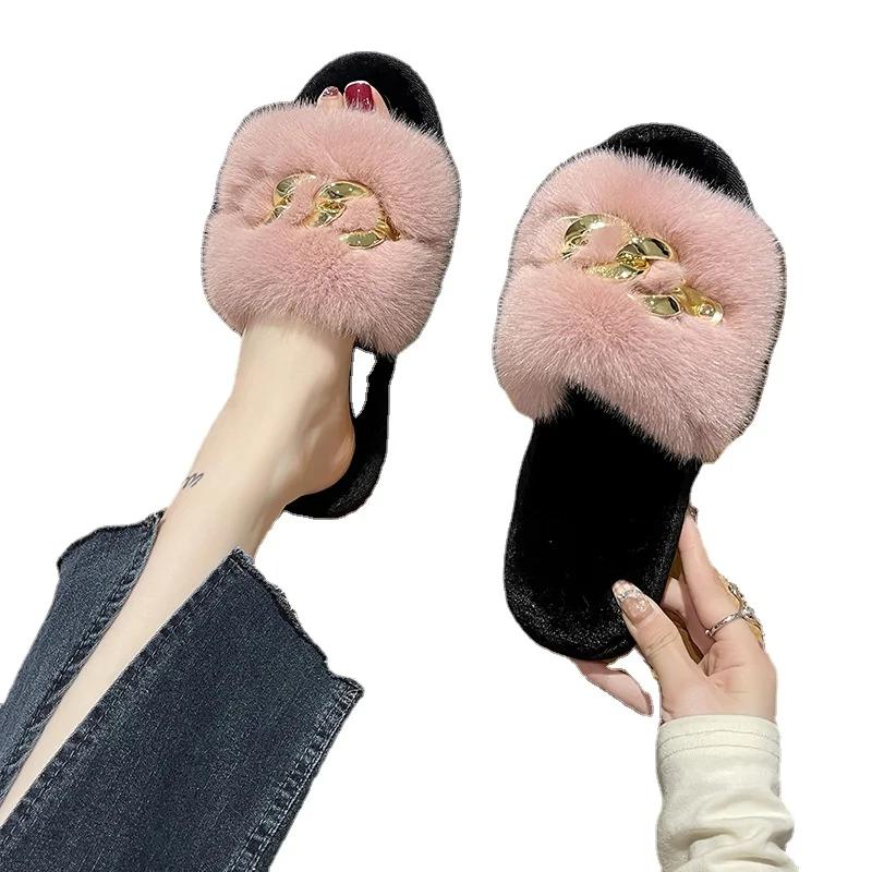 Fashion Chain Design Women Home Slippers Solid Color Open Toe Indoor Winter Flat Non-slip Leisure Interior Female Shoes 2025