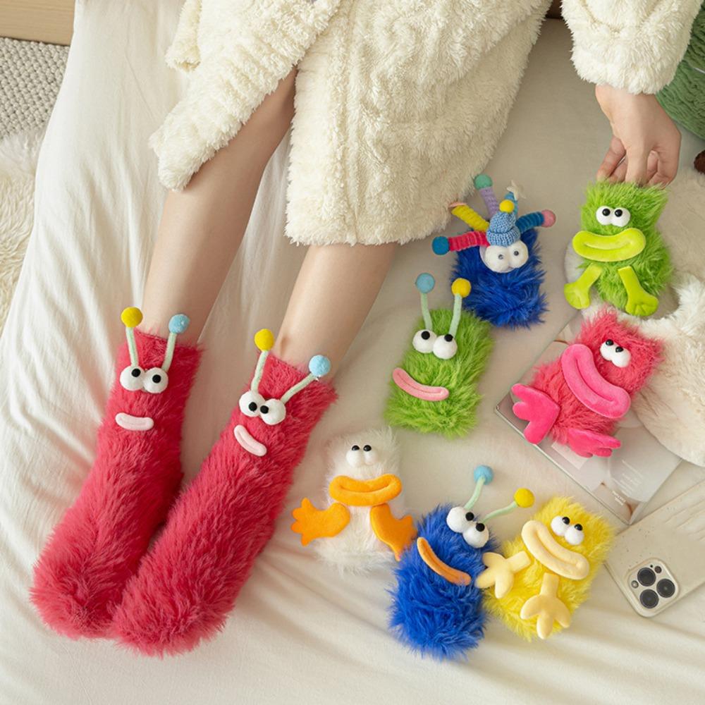 2Pairs Cartoon Funny Tube Socks Big Eyes Furry Plush Sock Soft Coral Fleece Socks Gifts