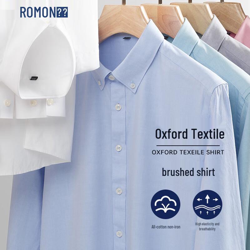 ROMON Мужская рубашка Oxford из чистого хлопка с длинным рукавом, устойчивая к сминанию