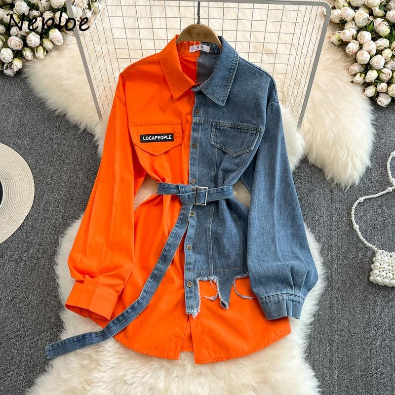 Джинсовые блузки с лацканами и длинным рукавом с тонкой талией Рубашка контрастного цвета Повседневный топ средней длины